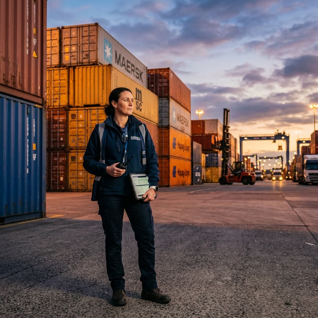 Logistics operations manager at container cargo site during sunset